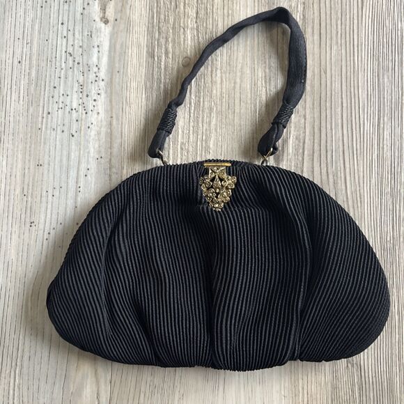 VINTAGE CHARLET Victorian  Black Fabric Purse w Jeweled Clasp  - Made In The USA - Picture 1 of 12